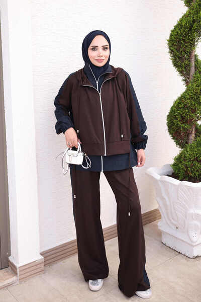 Brown Double Zipper Cupra Garnished Tunic and Trousers Oys Set