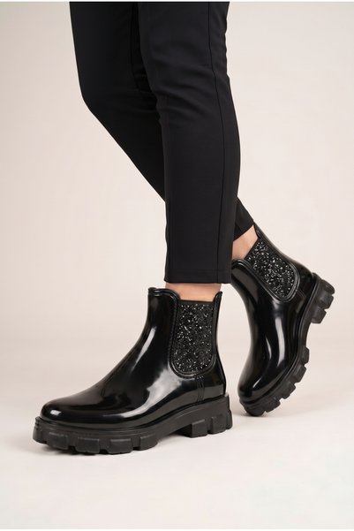 Women's Black Stoned Thick Serrated Sole Waterproof Rain Boots Non-Slip Rainboot