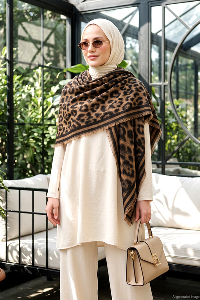 Women's Leopard Patterned Cashmere Textured Triangle Shawl 1314 Brown