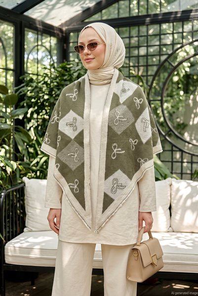 Women's Ribbon Bow Pattern Cashmere Textured Diamond Triangle Shawl 1319 Khaki
