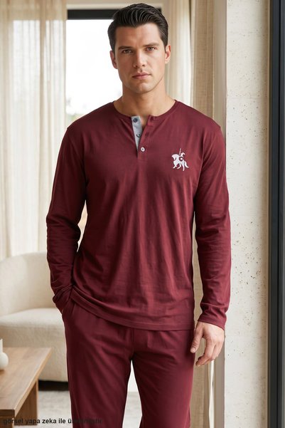 Burgundy Embroidered Pocketed Buttoned Cotton Lycra Knitted Pajama Set 26241804-1