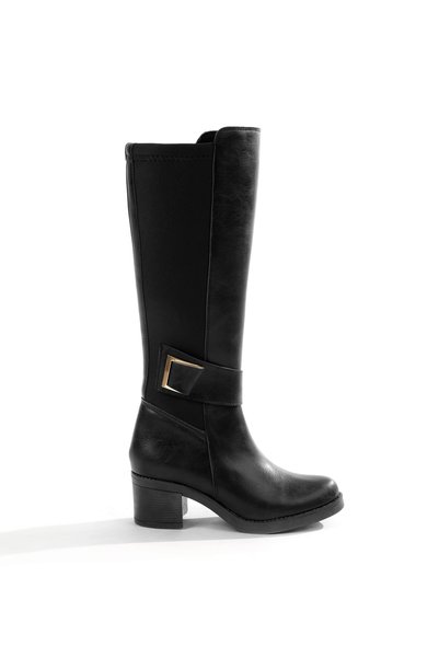 Women's Black Thick Heeled Buckle Boots