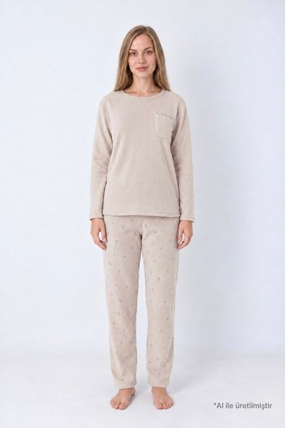 Beige Patterned Waffle Textured Pocketed Crew Neck Long Sleeve Women's Pajama Set