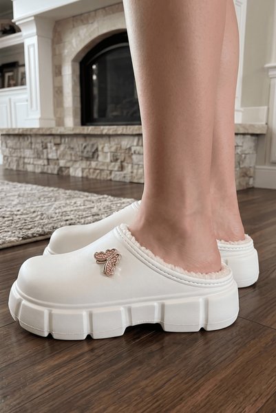 Women's White Hera Butterfly Buckle Fur Lined Waterproof House Slippers 3cm Byndhfay02