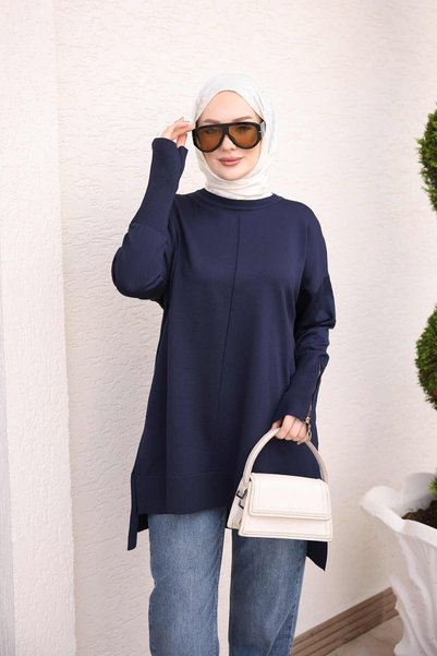 Navy Blue Sleeve Zippered Cold Thread Knitwear Tunic