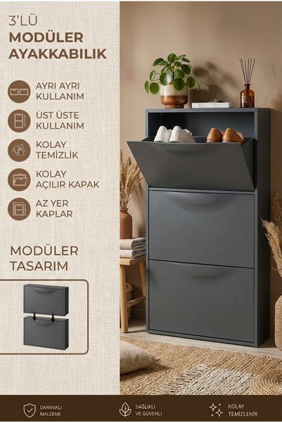 3-Module Modular Shoe Rack 51X114X16 cm Narrow Space Compatible Shoe Cabinet with Cover Gray