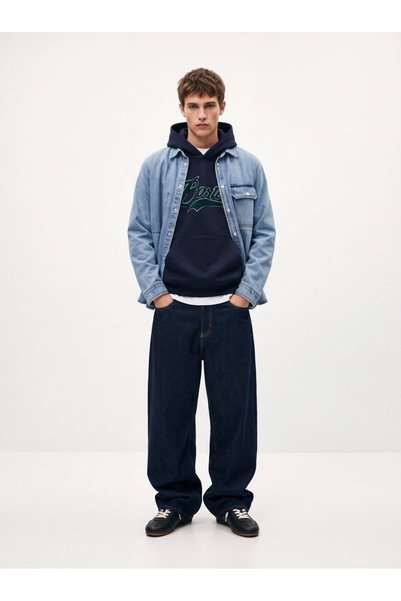 Regular Fit Navy Blue Hooded Sweatshirt with Print Detail