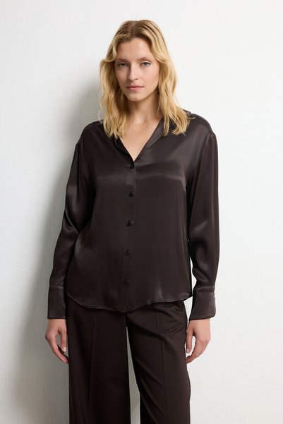Brown V-Neck Satin Shirt
