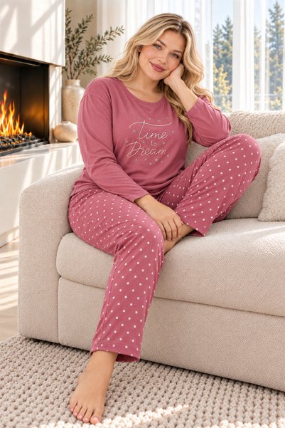 Time to Dream Powder Sandy Fabric Polka Dot Patterned Large Size Women's Pajama Set