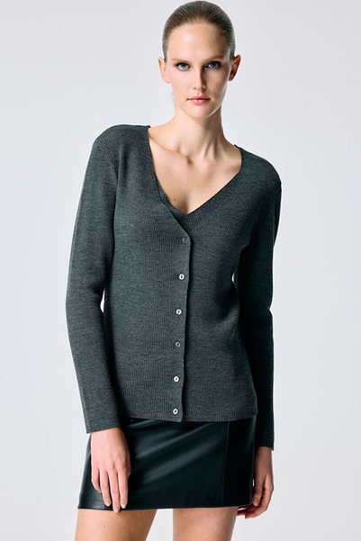 Gray Buttoned Front Double Layer Knit Sweater