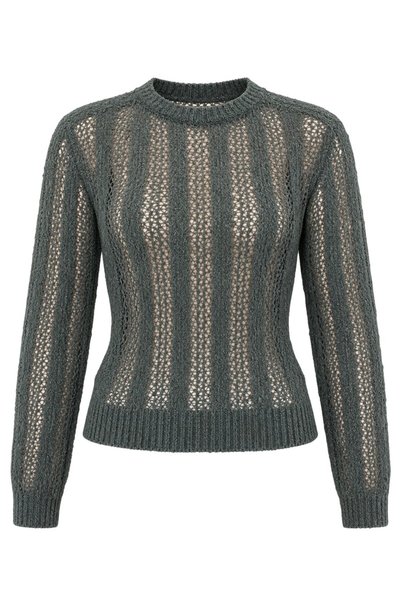 Khaki Crew Neck Openwork Knitwear Blouse - 2Y4413