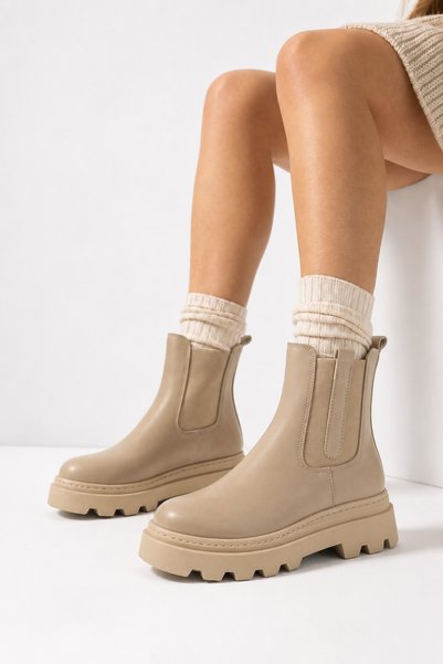 Women's Beige Thick Sole Bead Detailed Boots