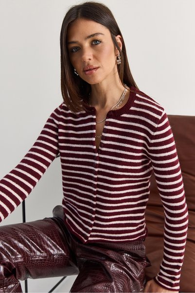Women's Burgundy-Cream Striped Buttoned Crew Neck Knitwear Cardigan Th261005 60286610