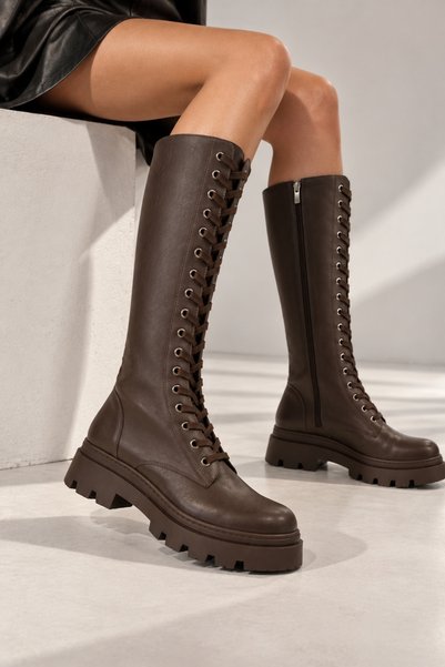 Women's Brown Knee-Length Lace-Up Boots