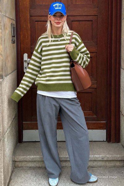 Oil Green Striped Crew Neck Oversize Women's Sweater Mg2894