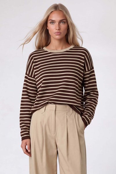 Women's Coffee-Ecru Crew Neck Oversize Striped Blouse Alc-X15967