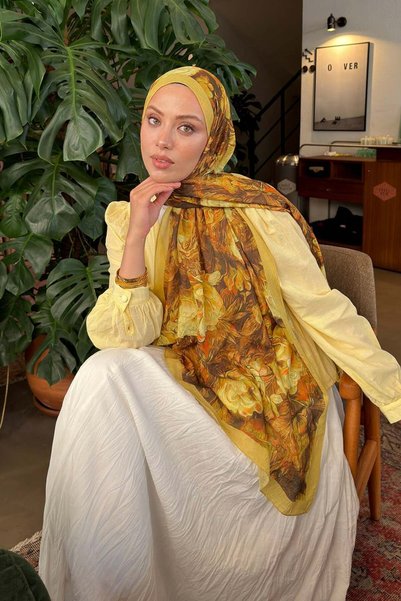 Vintage Flower Desen Bambu Şal Yağ Yeşili