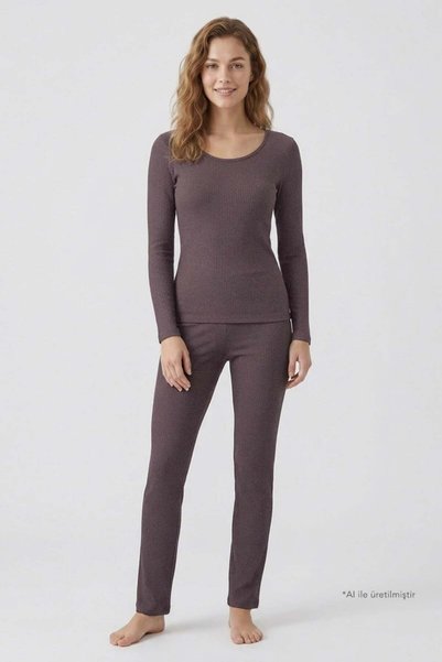 Premium - Serene Collection |   Mink Rib Textured Body-Fitting Wide-Leg Viscose Women's Pajama Set