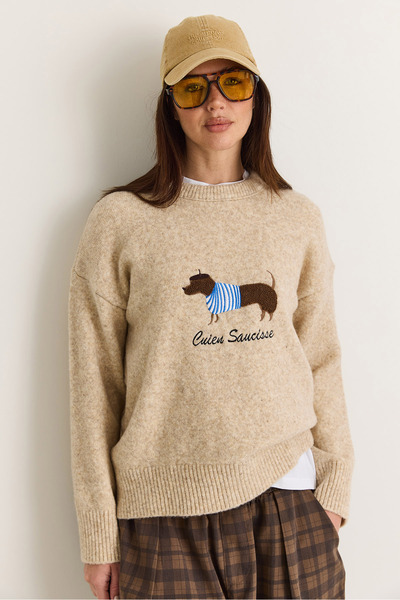 Women's Beige Dachshund Embroidered Crew Neck Relaxed Knitwear Sweater 7208 60286641
