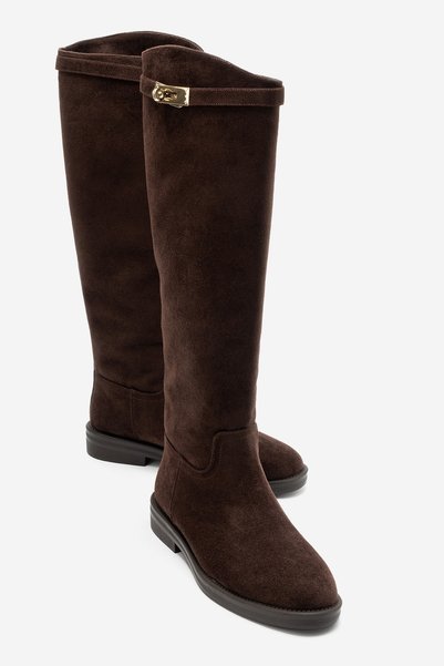 Clare Brown Suede Belted Women's Riding Boots