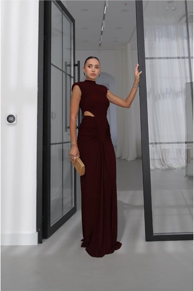 Draped Dress with Plum Waist and Window Detail