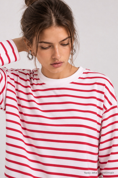 Oversize Striped Knitted Sweatshirt Lrn0079 Red White