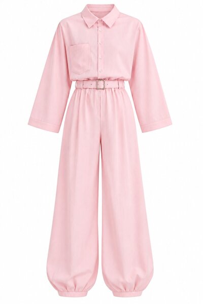 Pink Snap Button Modal Shirt and Belted Shalwar Trousers Set - 2Y8396