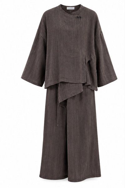 Brown Asymmetrical Cut Blouse Pants Set - 2Y51322