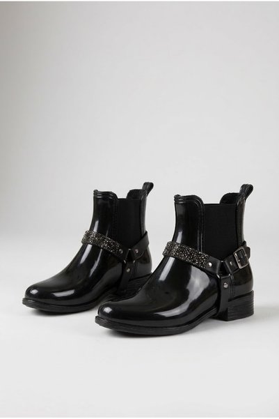 Women's Black Cowboy Stoned Flat Thin Sole Chelsea Rain Boots Waterproof Boots Non-Slip Rainboot