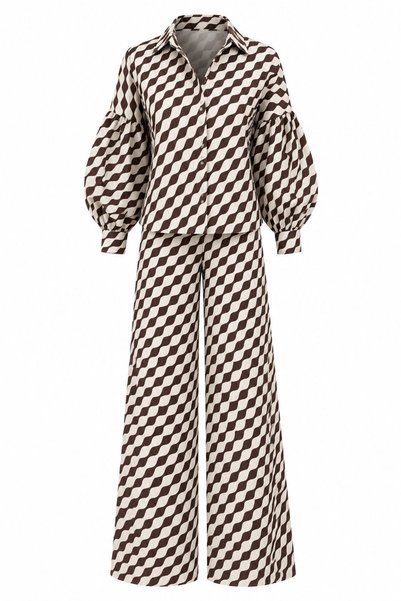 Ecru - Brown Patterned Satin Shirt and Trousers Set - Tk8708