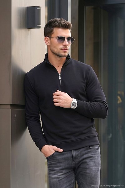 Cotton Soft Textured Half Zipper Stand Collar Sweater Men's Sweater 5906105