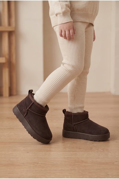Unisex Children's Brown Suede Boots with Wool Inside and Thick Sole