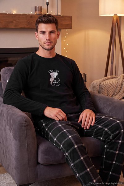 Plaid Soft Textured Crew Neck Fleece Pajama Set Men's Pajama Set 6097044