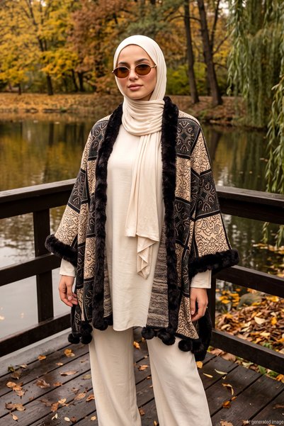 Women's Square Block Pattern Poncho Pnc15 Black-Camel