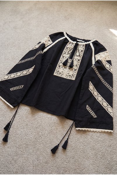 Black Authentic Embroidered Tassel Blouse with Bohemian Lace Detail and Long Sleeves