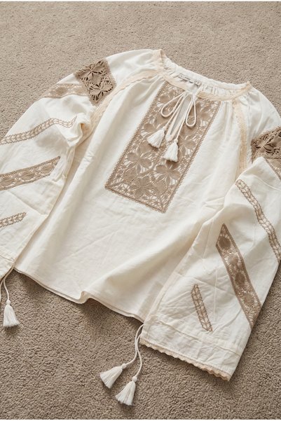 Authentic Embroidered Tassel Blouse Bohemian Lace Detailed Long Sleeve