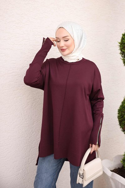 Plum Sleeve Zippered Cold Thread Knitwear Tunic
