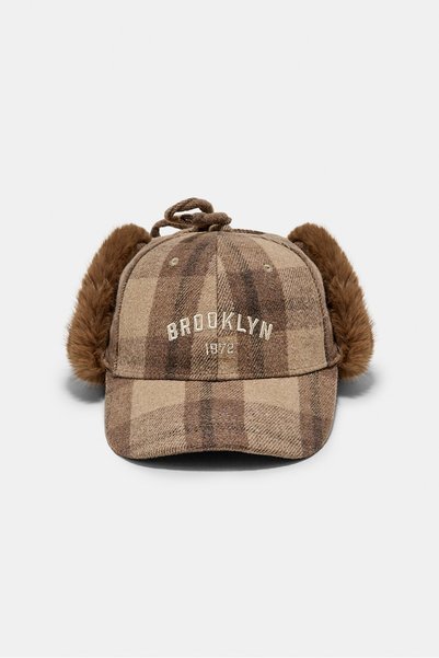 Plaid Hat with Faux Fur Detail