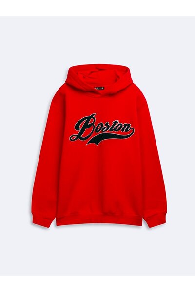 Regular Fit Red Hooded Sweatshirt with Print Detail