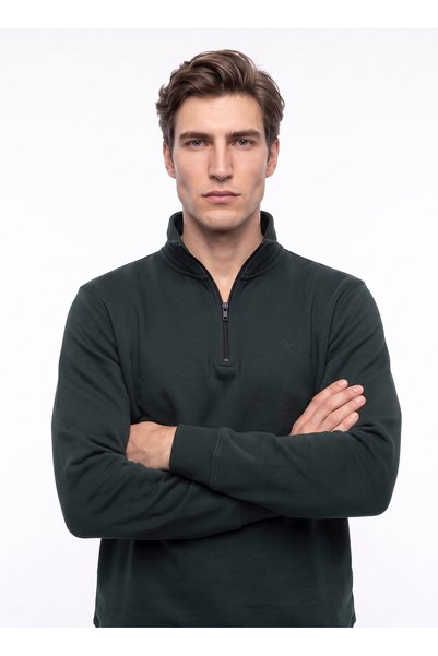 D2620135826_Half Zip Sweatshirt Dark Green Men's Stand Collar Regular Fit Sweatshirt