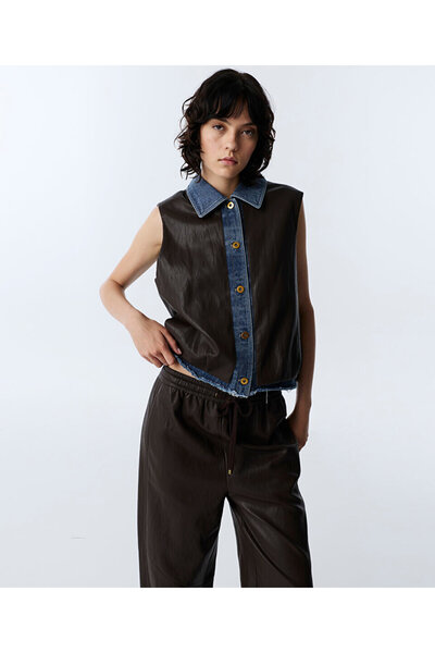 Denim Mix Leather Look Vest
