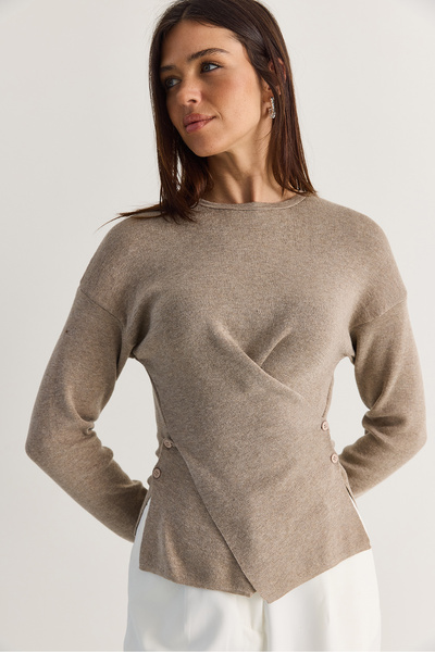 Women's Beige Double-Breasted Mercerized Knitwear Blouse with Button Detail Tk261141 60286609