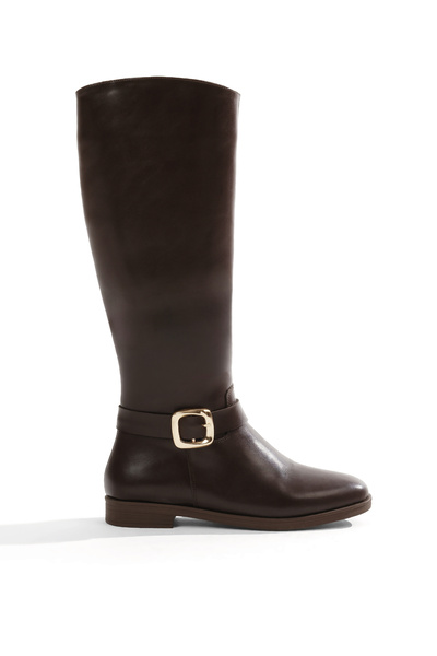 Women's Brown Leather Comfortable Fit Gold Buckle Below the Knee Boots