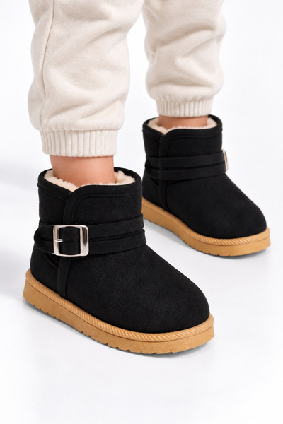 Girl's Short Boots with Fur Inside, Suede Look, Belt Buckle, and Short Heel