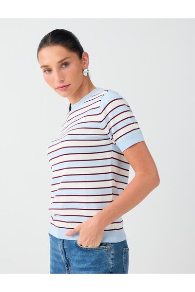 Light Blue Striped Patterned Crew Neck Short Sleeve Knitwear Sweater