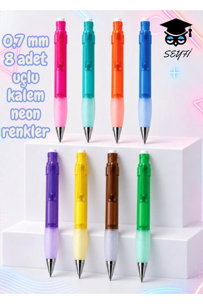 0.7 mm 8-piece pen set with neon colors, plastic body, ergonomic design.