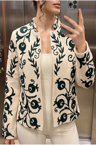 Women's Black Embroidered Ethnic Patterned Lined High Collar Bohemian Long Sleeve Jacket