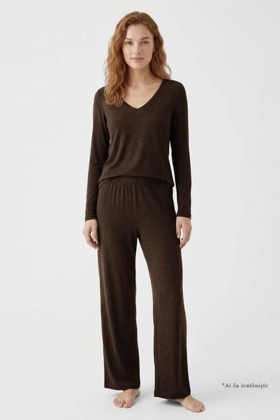 Premium - Serene Collection |   Brown Rib Textured Wide Leg V-Neck Viscose Women's Pajama Set