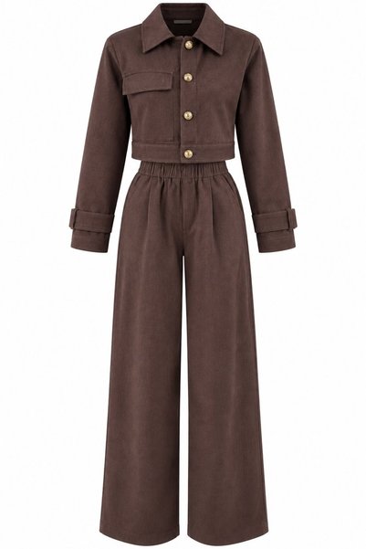 Brown Denim Crop Jacket Pants Set - 2Y51244