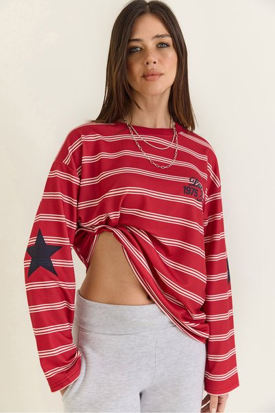 Women's Red Paris Printed Striped Crew Neck Oversize Sweatshirt 2385 60286650